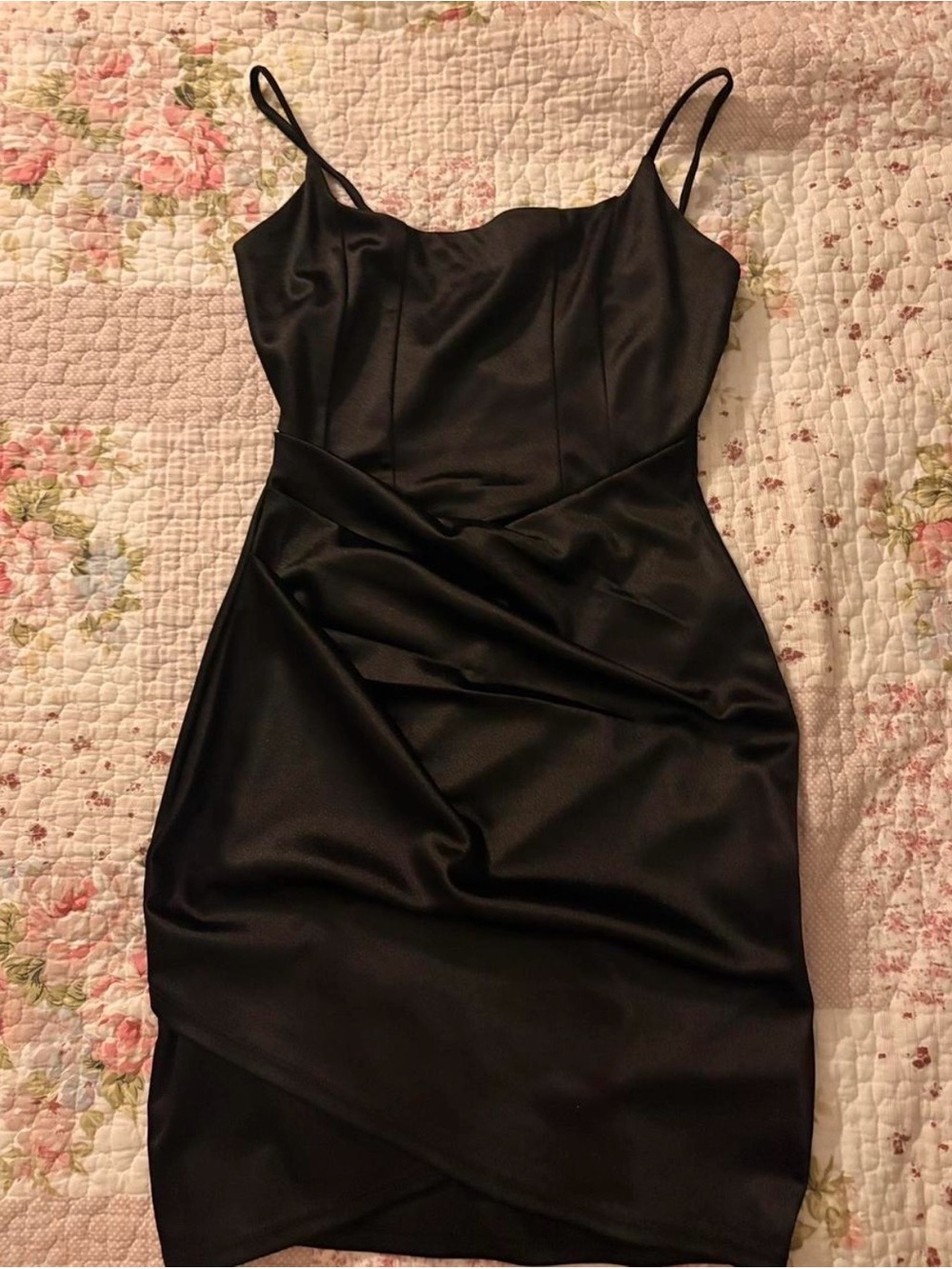 Elegant Black Satin Slip Mini Dress with Spaghetti Straps